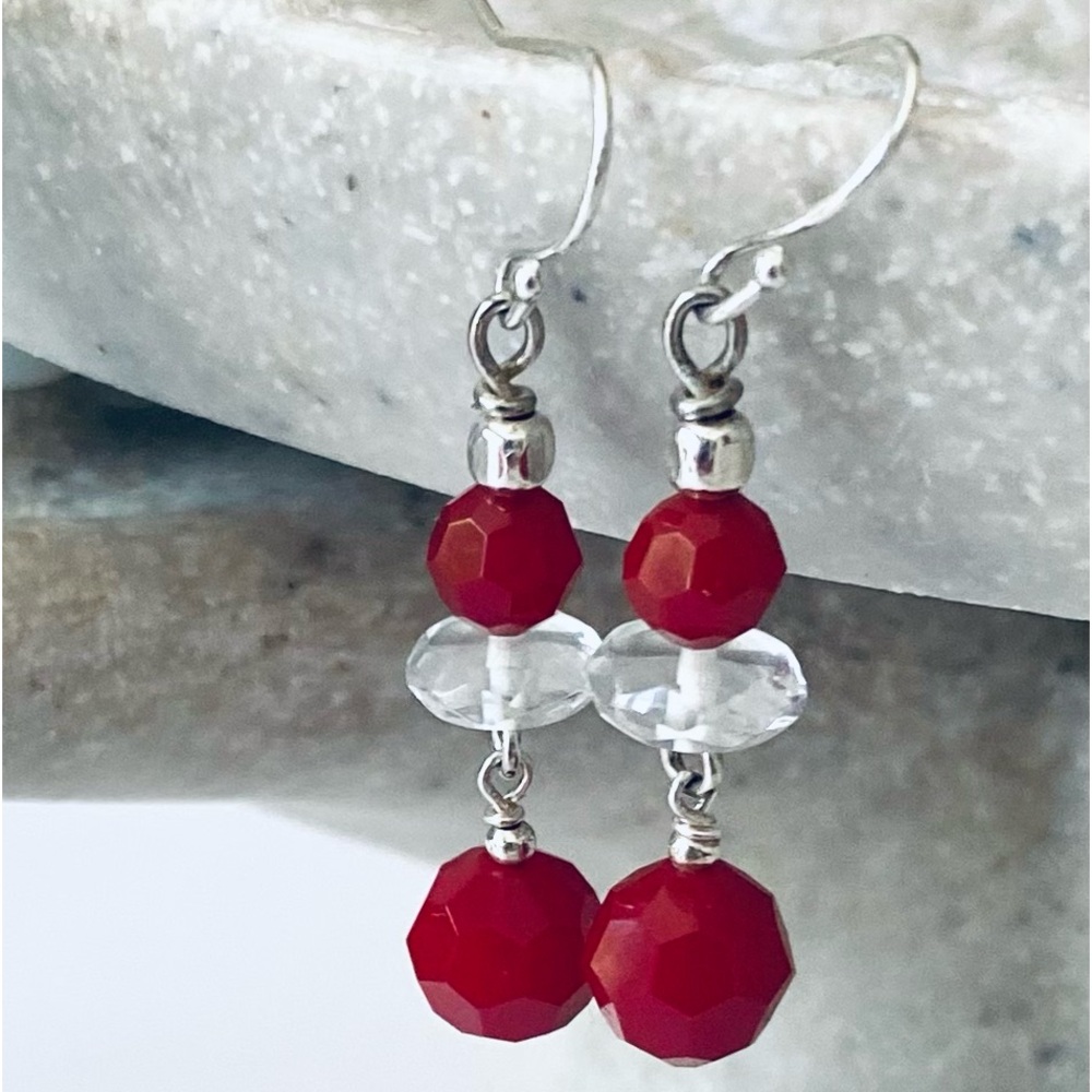 Earrings in Swarovski Red Crystals, Clear Quartz & Sterling Silver - 1 1/2 Inch